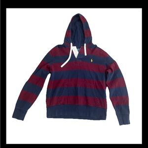 Polo Ralph Lauren Striped Rugby Hoodie  Sweatshirt Navy and Red Preppy Large